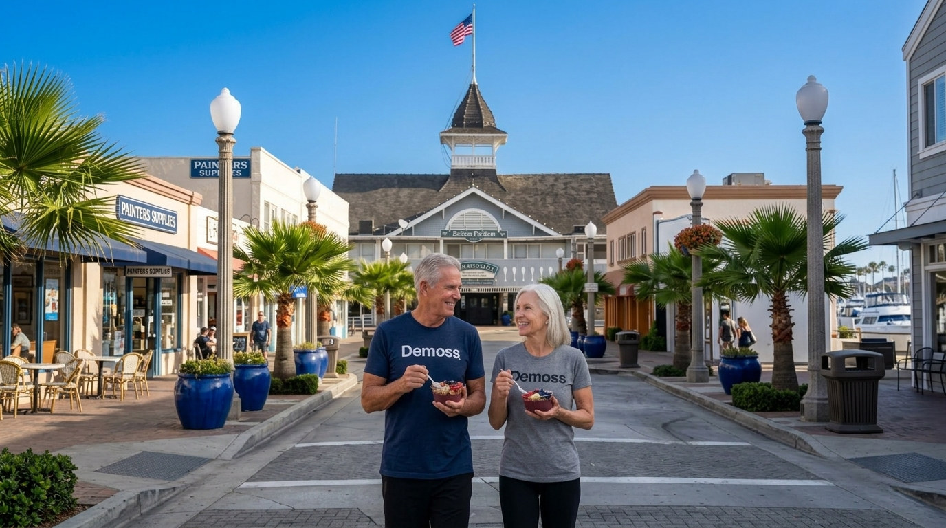 An older couple walking through a seaside village street lined with palm trees, each eating a bowl of berries and grains.