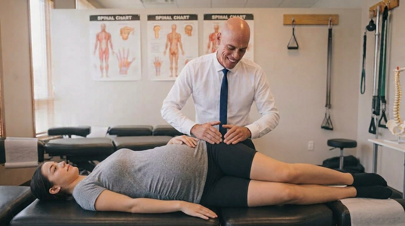 A pregnant patient positioned on her side for a prenatal adjustment at DeMoss Chiropractic, Newport Beach, with the hip and lower back supported and spinal anatomy charts on the wall behind.