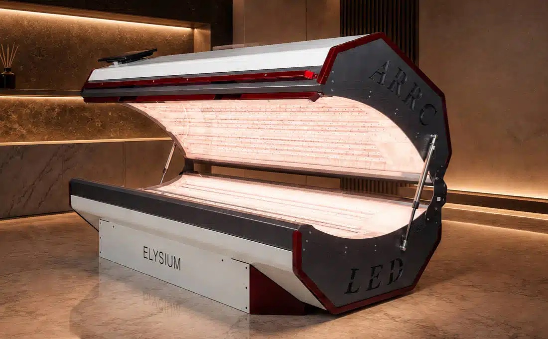 The ARRC LED Elysium full-body light bed, lid open showing the LED panels