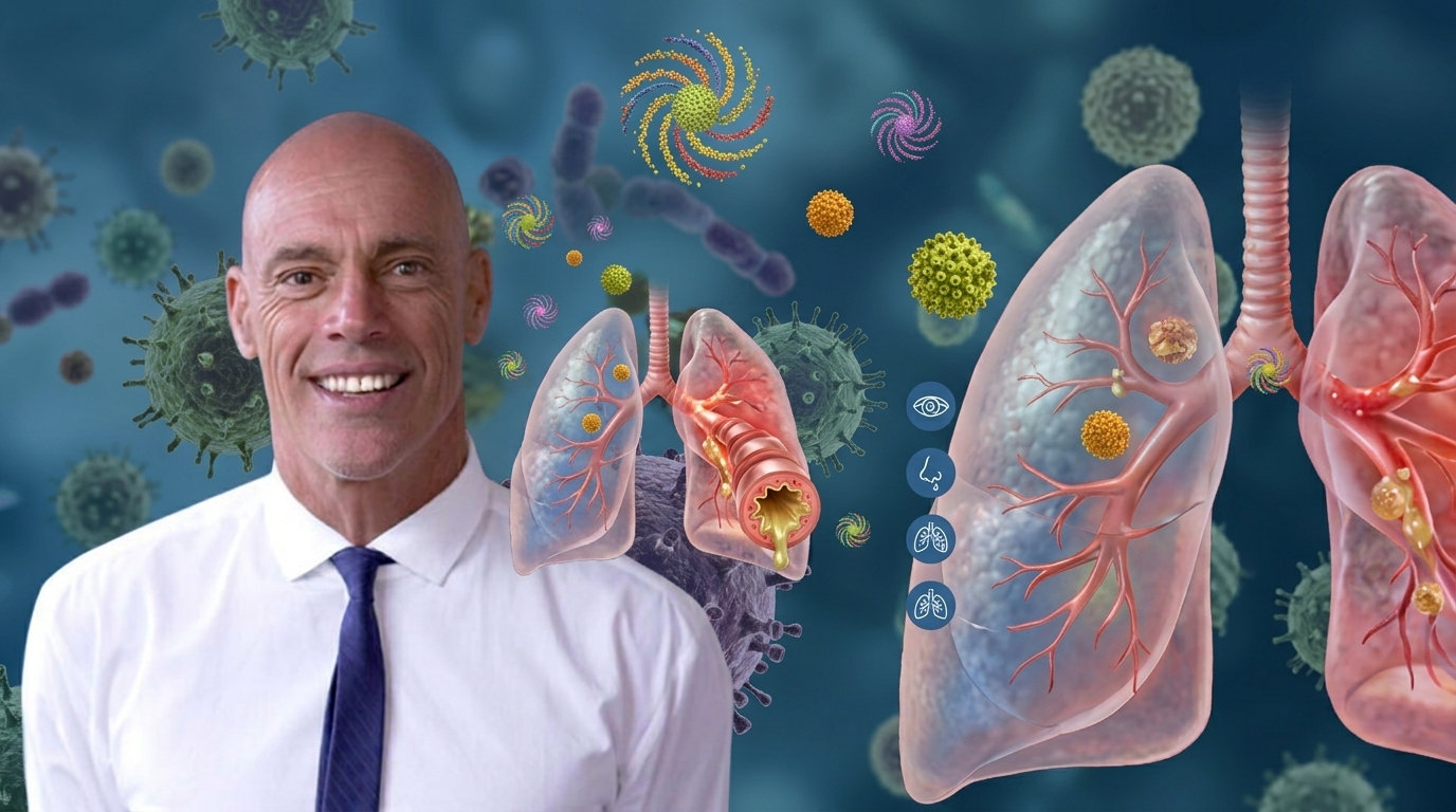 A chiropractor beside illustrations of human lungs and bronchial airways, with magnified pollen, viruses and bacteria in the background.