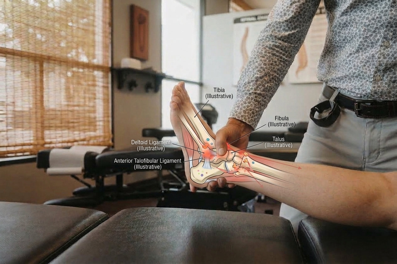 A chiropractor holding a patient’s foot and ankle, beside an anatomical illustration labelling the tibia, fibula, talus and the ligaments of the ankle.