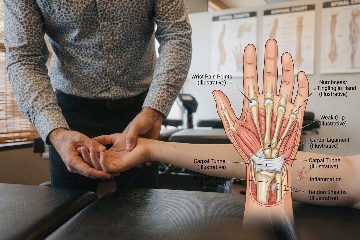 A chiropractor supporting a patient’s wrist and forearm, beside an anatomical illustration of the hand labelling the carpal tunnel, median nerve and tendon sheaths.
