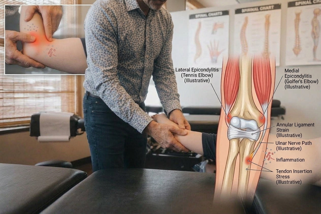 A chiropractor examining a patient’s elbow, beside an anatomical illustration in which tennis elbow is labelled at the outer epicondyle, alongside golfer’s elbow, the annular ligament and the ulnar nerve.