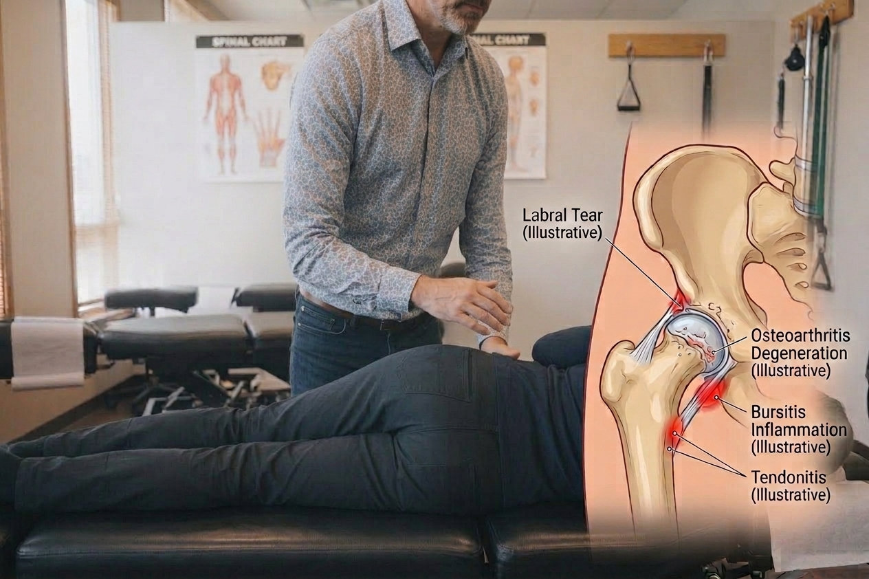A chiropractor treating a patient lying face down on an adjusting table, beside an anatomical illustration of the hip joint labelling a labral tear, osteoarthritis, bursitis and tendonitis.