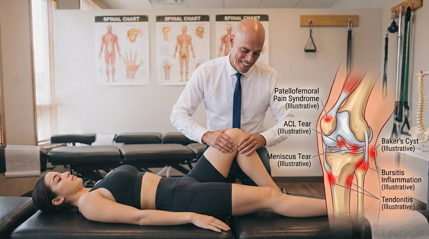A chiropractor flexing a patient’s knee, beside an anatomical illustration labelling patellofemoral pain, ACL and meniscus tears, a Baker’s cyst and bursitis.