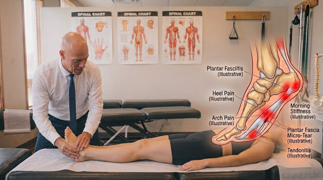 A chiropractor holding a patient’s foot, beside an anatomical illustration of the heel and arch labelling plantar fasciitis, heel pain and a plantar fascia micro-tear.
