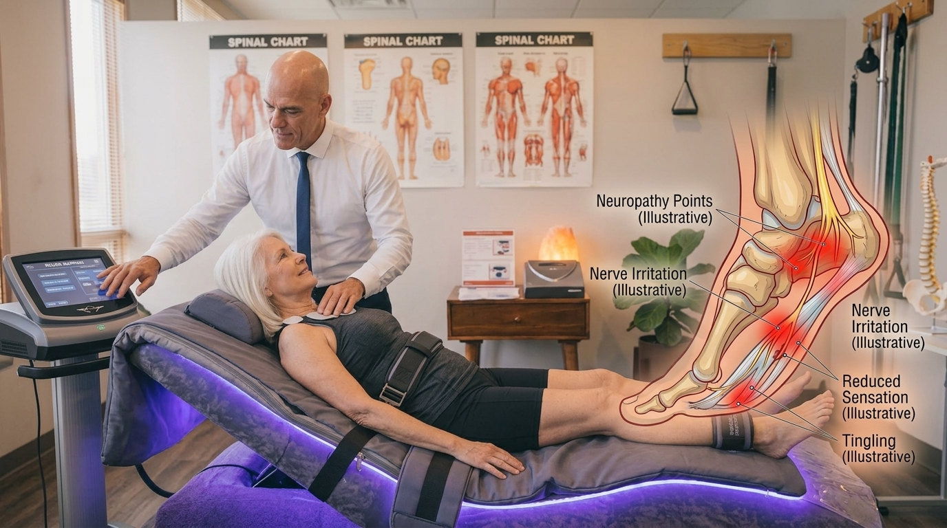Neuropathy treatment at DeMoss Chiropractic, Newport Beach, with a patient reclined on a therapy lounger, beside an anatomical overlay of the foot and ankle marking neuropathy points, nerve irritation, reduced sensation and tingling.