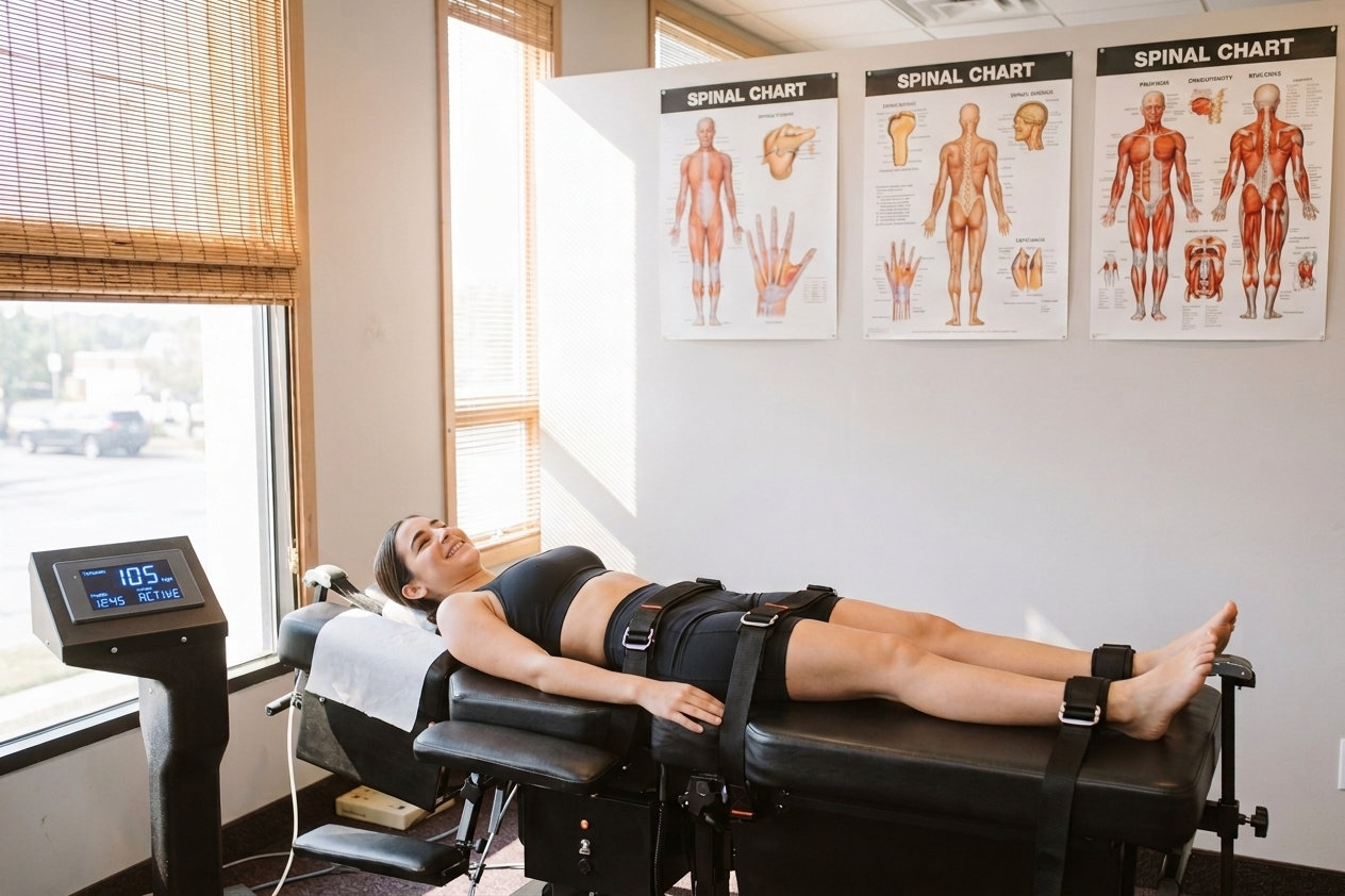 A patient lying supine on a motorised spinal decompression table, secured by pelvic and ankle harnesses, with the treatment console showing an active traction cycle and spinal anatomy charts on the wall behind.